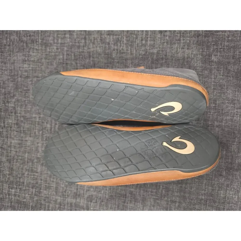 OluKai Hanohano Mens 10 Slippers Waxed Canvas Grey Wool Shearling Slip On 10527